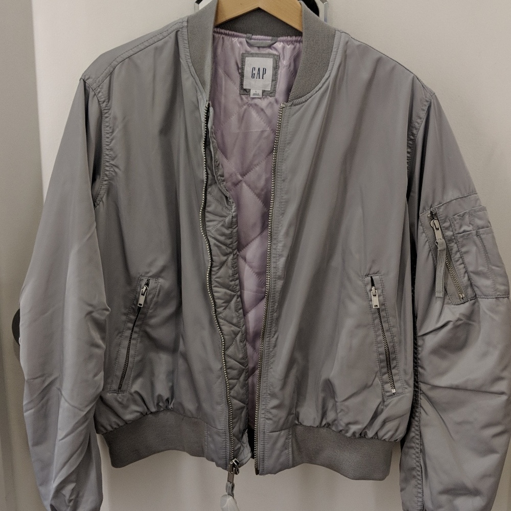 GAP Women's Light Gray Bomber Jacket with Lilac Quilted Lining